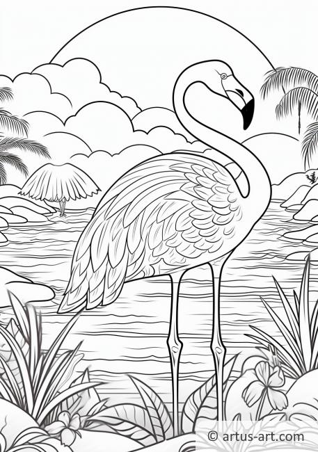 Flamingo with Sunset Coloring Page